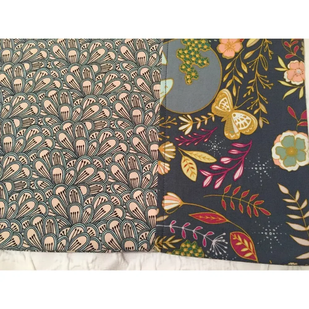 One Handmade Cotton Pillowcase: Abstract Design, Gray and Pink with Floral Band